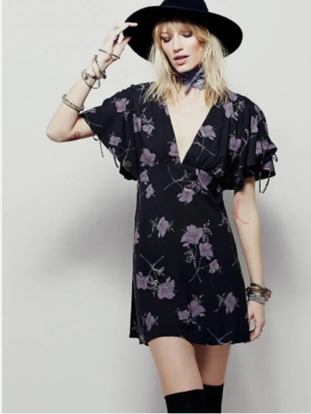 Free People Melanie Night Combo Black Purple Floral V-Neck Mini Dress